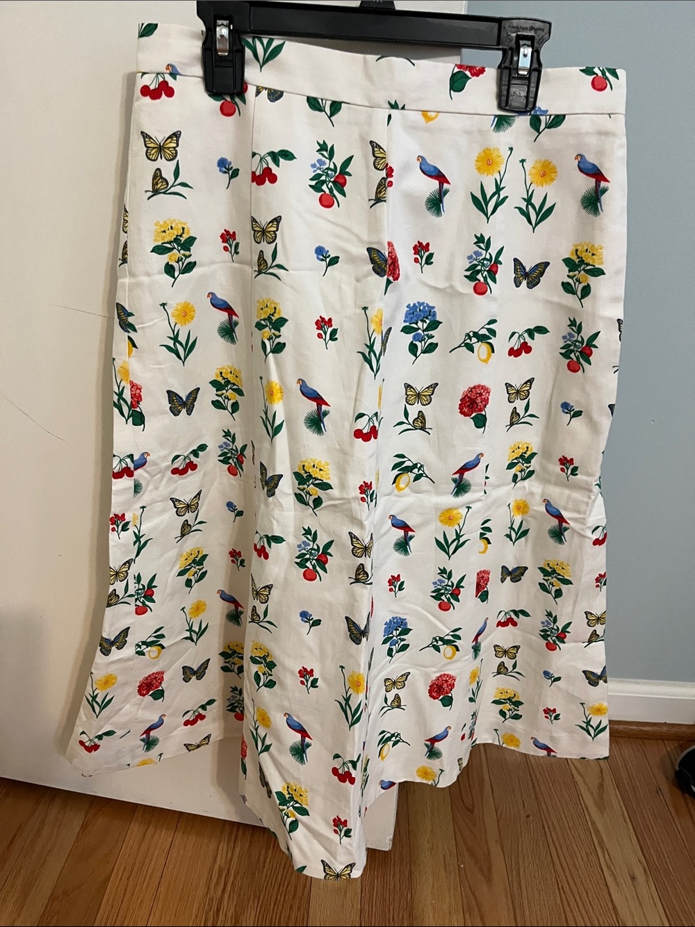 Ann Taylor White Midi Skirt with Multicolor Floral & Bird Print